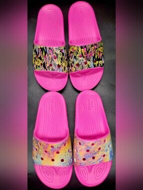 Crocs Classic Slides Lot Of 2 Custom With Butterfly & Oil Slick Design Sz 8 W